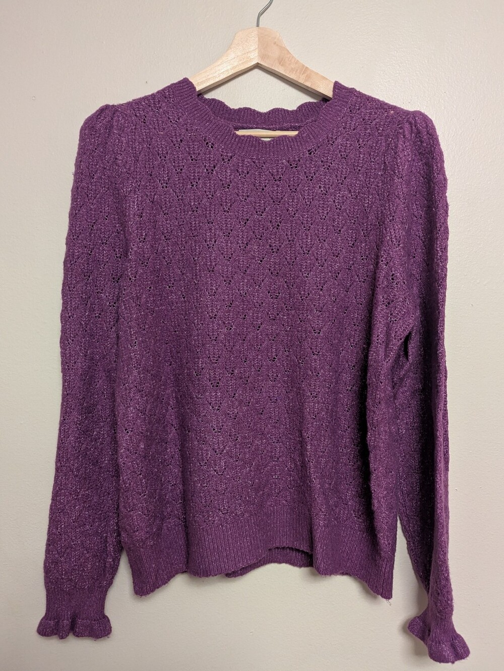 Loft Purple Scallop Neck Ruffle Sleeve Crewneck Sweater